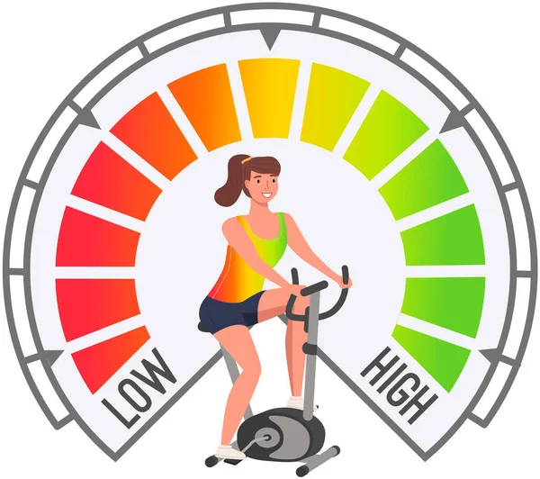 Woman Doing Peloton Workout Active Female Stationary Bike Speedometer Scale — Vetor de Stock
