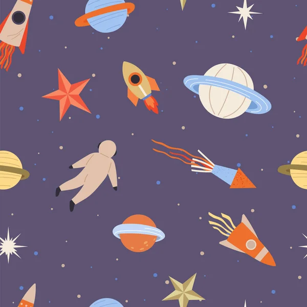 Seamless Childish Pattern Space Elements Creative Background Astronaut Flying Rockets — Stok Vektör