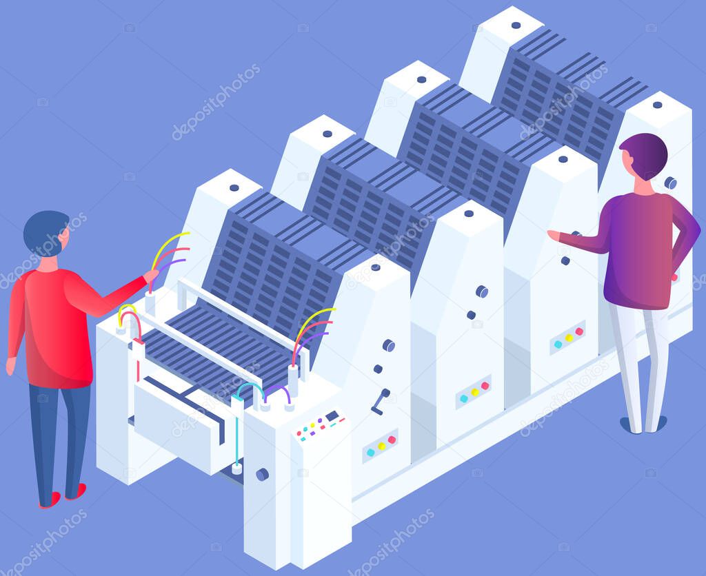 People working with printing house technology. Printer plotter, offset cutting machines and workers. Industrial polygraphy, typography, printing to order concept. Men stand near production equipment