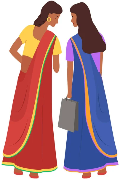 Indian Girl Ethnic Traditional Costume Sari Holds Paper Bag Her — Stockvektor