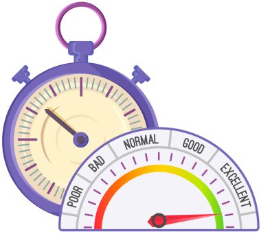 Stopwatch and quality scale with arrow from red to green and caliber of emotions, events. Measuring device tachometer, speedometer, clock. Colorful gauge element from poor to excellent, stress scale
