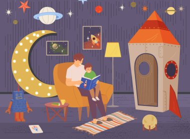 Space party at home, dad reads science book about space exploration to his son, cosmic style birthday. Characters sitting near large cardboard rocket. Rockets, planets, stars as holiday decoration