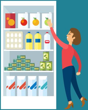 Flat food cold storage refrigerator kitchen furniture. Open fridge technical refrigeration device. Cabinet cooler with healthy food, water, milk, vegetables. Illustration fridge with food on shelf