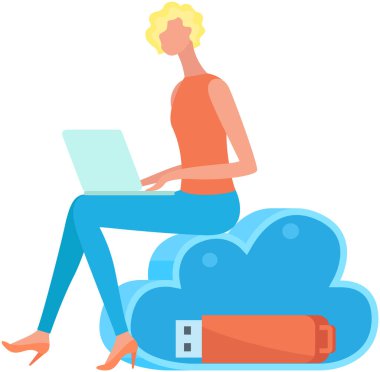 Woman working with laptop at workplace in field of data storage. Remote work, programming, online freelancing. Female character and digital technology, performs tasks, cloud storage and flash drive