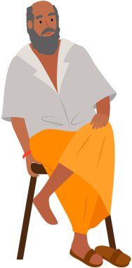 Nationality Indian elderly man sitting on chair vector male character traditional outfit travel to India ethnicity aborigine explore world human asian race. Grandfather isolated on white background