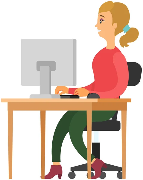 Smiling Woman Surfing Web Sites Looking Information Sitting Table Computer — Vettoriale Stock
