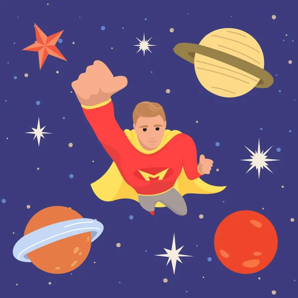 Male Superhero Galaxy Flying Outer Space Man Cosmic Area Planet — Stok Vektör