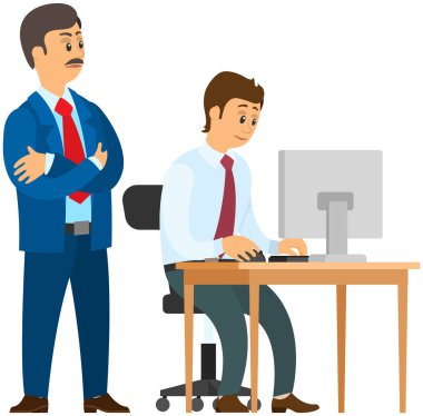 Boss gives instructions to subordinates at workplace, work of department, company. Group of clerks at computer. Managers, colleagues, office workers. Characters busy, people works with laptop
