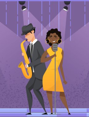 Jazz musician saxophone player with sax stands. Girl sing song into microphone enjoying performance, singer having fun on stage. Female presenter speaks at festival. Multinational girls music band