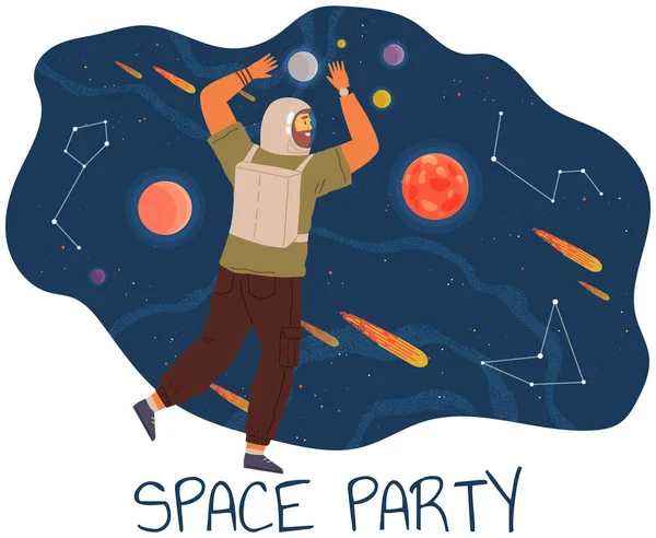 Animators Birthday Party Cosmic Style Theme Party Costumes Dancing People — Stockvektor