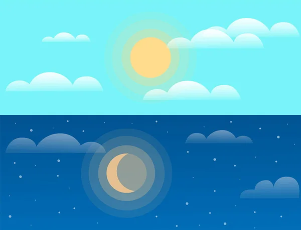 Day and night sky illustration with sun, clouds, moon and stars. Weather and change of light during day horizontal banner with different times of day, dark and light, blue morning and evening