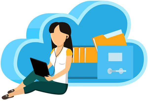 Cloud Storage Technology Concept File Database Computer Woman Stacking Folders — Stok Vektör