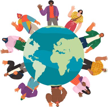 Happy people from all around world standing on globe, different representatives waving hands isolated illustration. Concept of international friendship, public solidarity, residence in any country