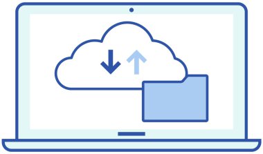 Virtual storage icon on laptop screen. Service for saving information and personal data protection. Virtualized keeping info system vector illustration. Uploading files, online data to digital storage