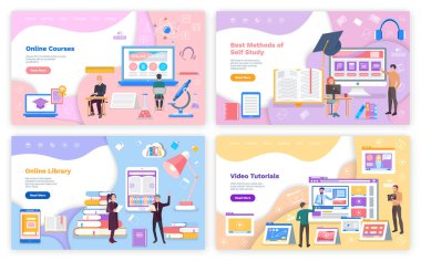 Best methods of self study, online courses, library, video tutorials website templates set. People working with online courses program for learning. Educational content in electronic devices