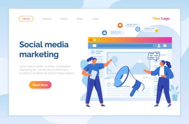 Social media marketing. Computer program with social network interface. Getting new subscribers, likes, messages. People work with advertising and promotion on Internet. Website landing page template