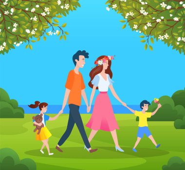 Father, mother, daughter and son walking outdoor. Happy family child spend time together. People walk summer day in city park with green trees. Friendly family leisure activity, joint pastime