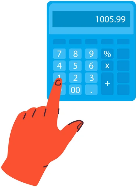 Businessman Accountant Working Device Count Hand Presses Button Calculator Display — Stockvector