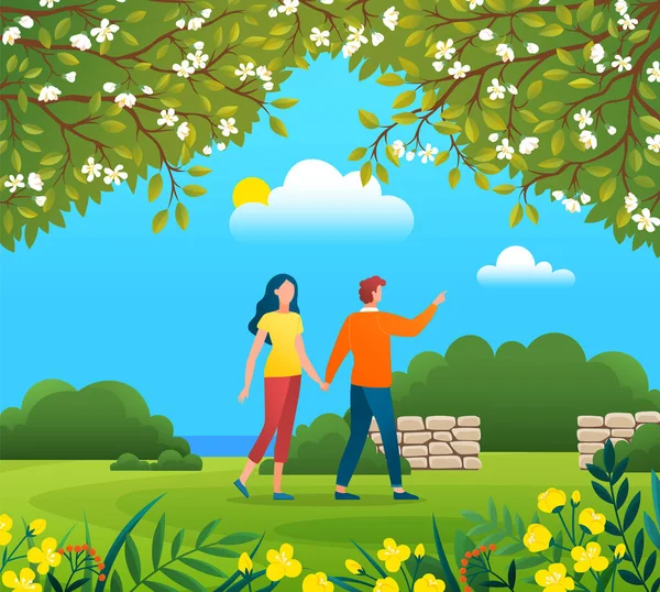 Couple Walking Forest Park Young Guy Girl Holding Hands Walking — Vector de stock