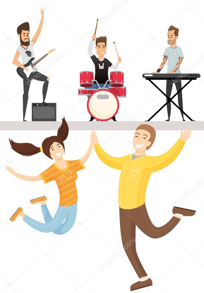 Diverse rock band performs on stage isolated on white. Group of musicians playing by musical instrument performing at concert. Play on electric guitar, piano, drum. Hobbies, profession popular group