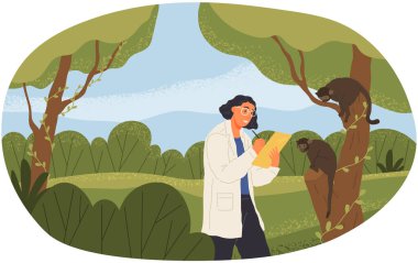 Woman examines wildlife of forest or jungle. Female researcher analyzes behavior of monkeys on tree. Ecological research, nature exploration concept. Scientist watching wild animals in habitat