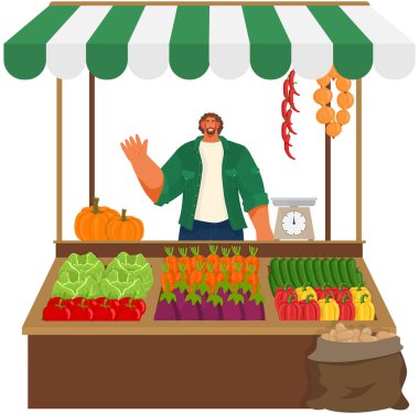 Local market on city street. Stall of shop with farmer vegetable products, fresh natural food. Farmers stand with fresh vegetables cucumber, carrot, cabbage, pumpkin, zucchini, eggplant, pumpkin