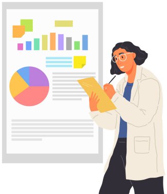 Çözüm arayışı, bilimsel analiz konsepti. İstatistiksel tabloya bakan bir kadın. Bilim adamı veri analizi ve istatistik araştırmaları üzerinde çalışıyor. Büyüteci olan kişi diyagramı analiz eder