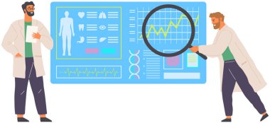 Professional people working with medical examination result. Doctors conduct research of human body. Technology for dagnosis of organism and health. Program for medical consultation and diagnostics