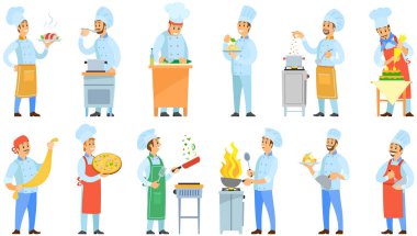 İnsanlar yemek hazırlıyor. Aşçılar yemek hazırlamak için mutfak malzemeleriyle çalışırlar. Erkek karakterler tavayla kızarır, sebze keser, karıştırır, yemek malzemesi eklerler. Bir grup aşçı restoran yemeği hazırlıyor.