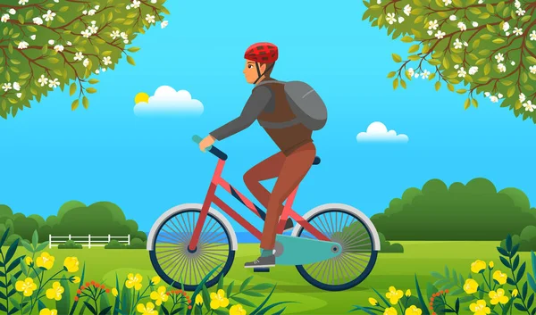 Guy Helmet Sportswear Riding Forest Man Rides Bicycle Park Male — Vector de stock