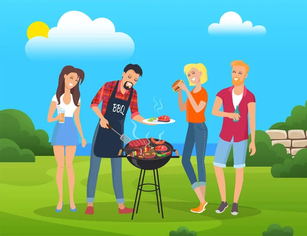 Picnic Forest Park Vector Illustration Happy Friends Cooking Grilled Meat — ストックベクタ