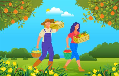 Woman and man farmers with harvest in boxes and baskets. People with vegetables and fruit in containers. Agricultural workers with fresh products, natural organic food. Farming and agriculture concept