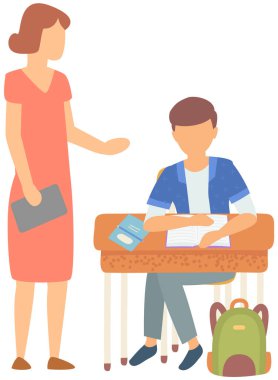 Female teacher watching, encouraging student for doing hometask Boy kid sitting at desk and writing in exercise book. Woman helping schoolgirl with homework. School education, studying concept