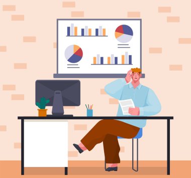 Analitik bilgi ve geliştirme istatistikleri. Web analiz ölçümü, ürün test teknolojisi. Adam gösterge panelinin optimizasyonunu, dijital raporunu analiz ediyor. Diyagramda istatistiksel göstergeler ve veriler