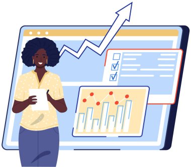 Veri analizi istatistik konsepti. İstatistik, strateji, iş geliştirme ile çalış. Bayan çalışan istatistiksel araştırmaların sonuçlarını sunar. Dijital teknolojilerle çalış