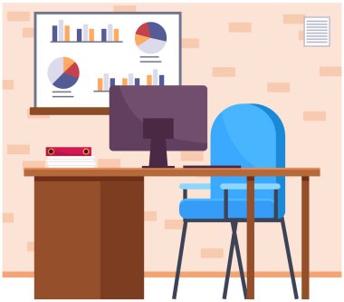 Boş ofis iç tasarımı. İş objeleri, vektör elementleri ve ekipmanlar. Mobilyalı modern ofis, masada dizüstü bilgisayar, sandalyeler, evde çalışma alanı veya çalışansız ofis prömiyeri