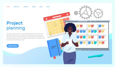 Aylık planlama, planlama, zaman yönetimi, kontrol listesi. İş kadını liste ve planlama için yanında duruyor. Plan tamamlandı, görev tamamlandı, zaman çizelgesi. Liste planlaması, zamanlama kavramı