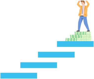 Personal development, businessman moving towards profit, effective income with dollar coins. Strategy management, capital, leadership. Happy man walking stairs up to success, achievement with money