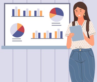 Veri analizi istatistik konsepti. İstatistik, strateji, iş geliştirme ile çalış. Bayan çalışan istatistiksel araştırmaların sonuçlarını sunar. Dijital teknolojilerle çalış