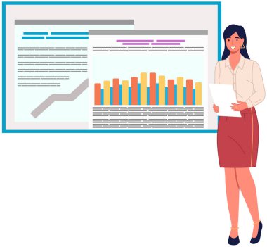 Veri analizi istatistik konsepti. İstatistik, strateji, iş geliştirme ile çalış. Bayan çalışan istatistiksel araştırmaların sonuçlarını sunar. Dijital teknolojilerle çalış