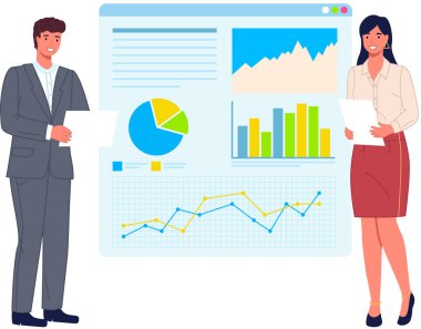 Ofiste iletişim kuran iş adamları istatistikleri tartışıyor, farklı grafik ve grafikleri analiz ediyorlar. Finansal muhasebe konsepti. Organizasyon süreci, analitik, planlama, rapor, pazar analizi