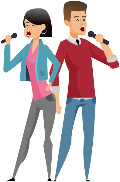 Couple Singers Microphones Cartoon Young Male Pretty Female Vocalists Singing —  Vetores de Stock