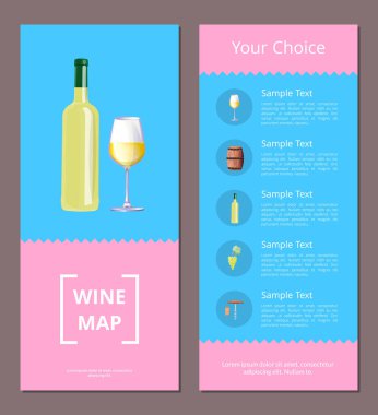 Wine map your choice vertical oblong pages set. Bottle and glass full of white vino on cover. Delicious alcohol drink of grapes vector illustration