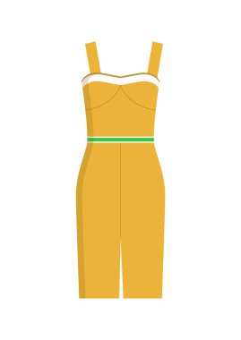 Modern fashionable summer knee-length stylish dress of yellow color with thin green belt isolated cartoon vector illustration on white background