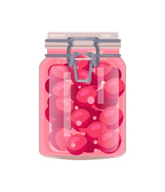 Glass jar with clip or bugle lock. Home canning fruit or berry compote conserve food flat vector illustration in cartoon style isolated on white.