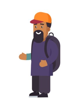 Person wearing cap on head, muslim refugee emigrant, man traveling with backpack, outlaw character vector illustration isolated on white background
