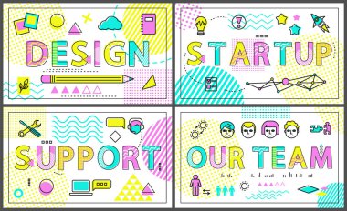 Design creative thoughts and start up banners collection, support posters with human helping clients, our team working people, vector illustration