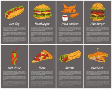 Takeaway fast food posters set. Ice cream and hot dog, donut and pizza slice with cheese. French fries in package, sandwich roasted bread vector illustration