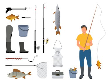 Fisherman with rod and catch vector illustration, collection of different implements for professional fishing, bucket for haul, knife with harpoon