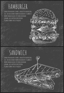 Fast food sketches of hamburger and sandwich hand drawn vector illustration. Double burger badge, sketch style for brochures and restaurant menu, cafe cover template